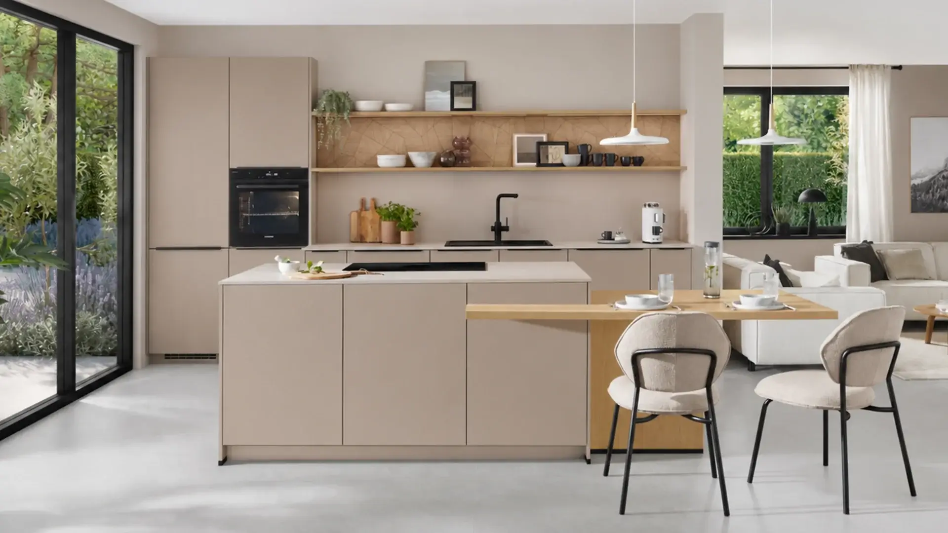 Moderne beige Küche mit Insel, Esstisch, Stühlen und großem Fenster mit Gartenblick.
