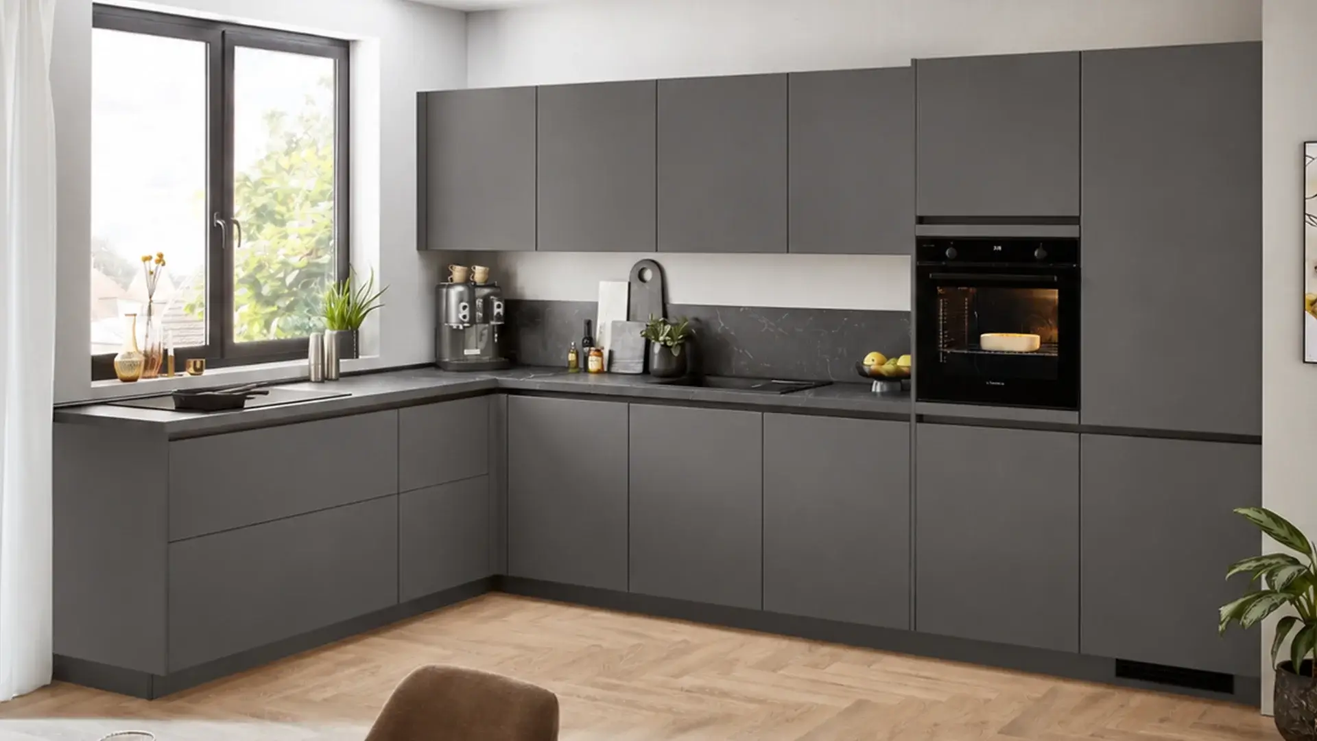 Moderne Küche in U-Form mit grauen Schränken, Backofen, Kaffeemaschine und Dekoartikeln.