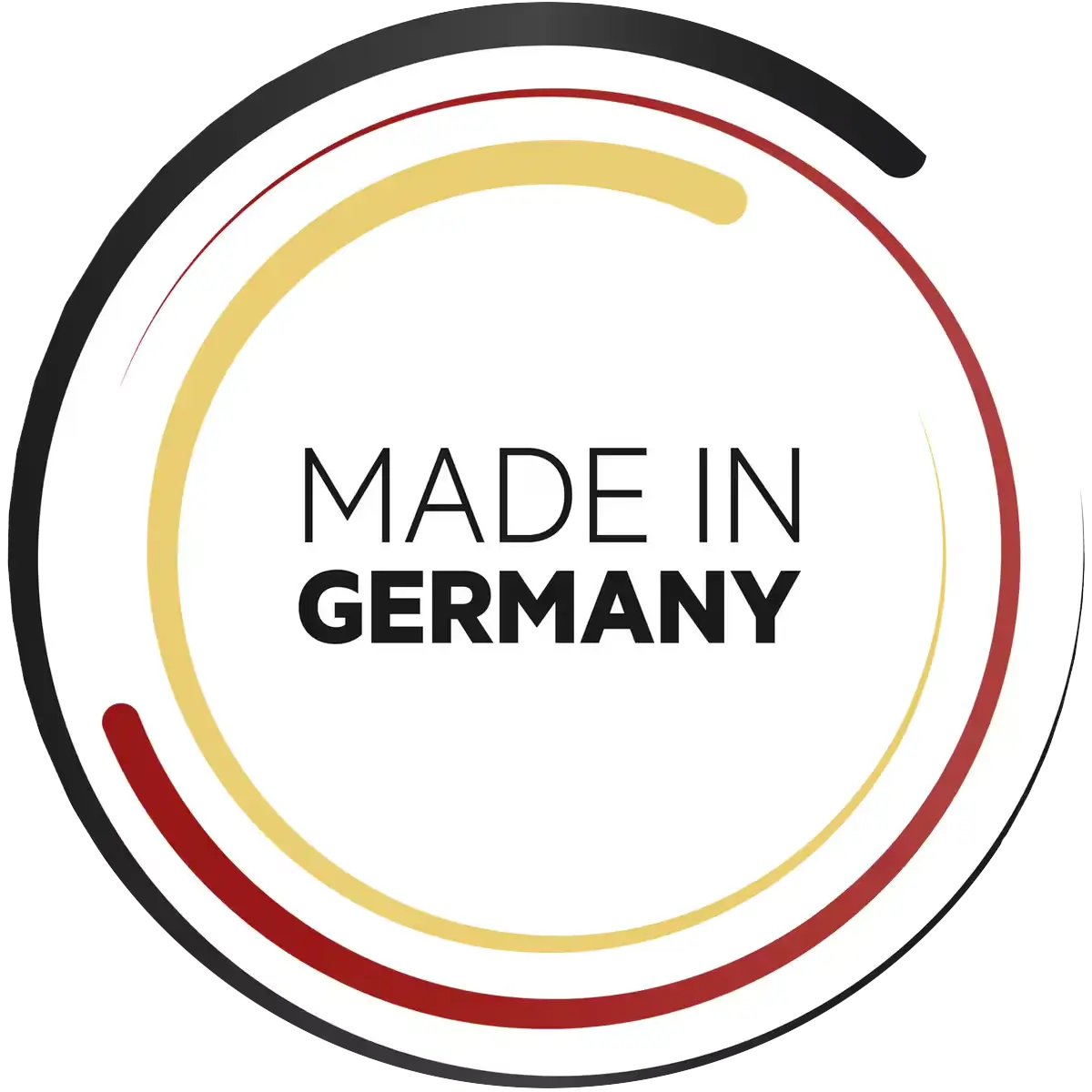 Logo mit der Aufschrift 'Made in Germany' in einem Kreis mit roten und goldenen Linien.